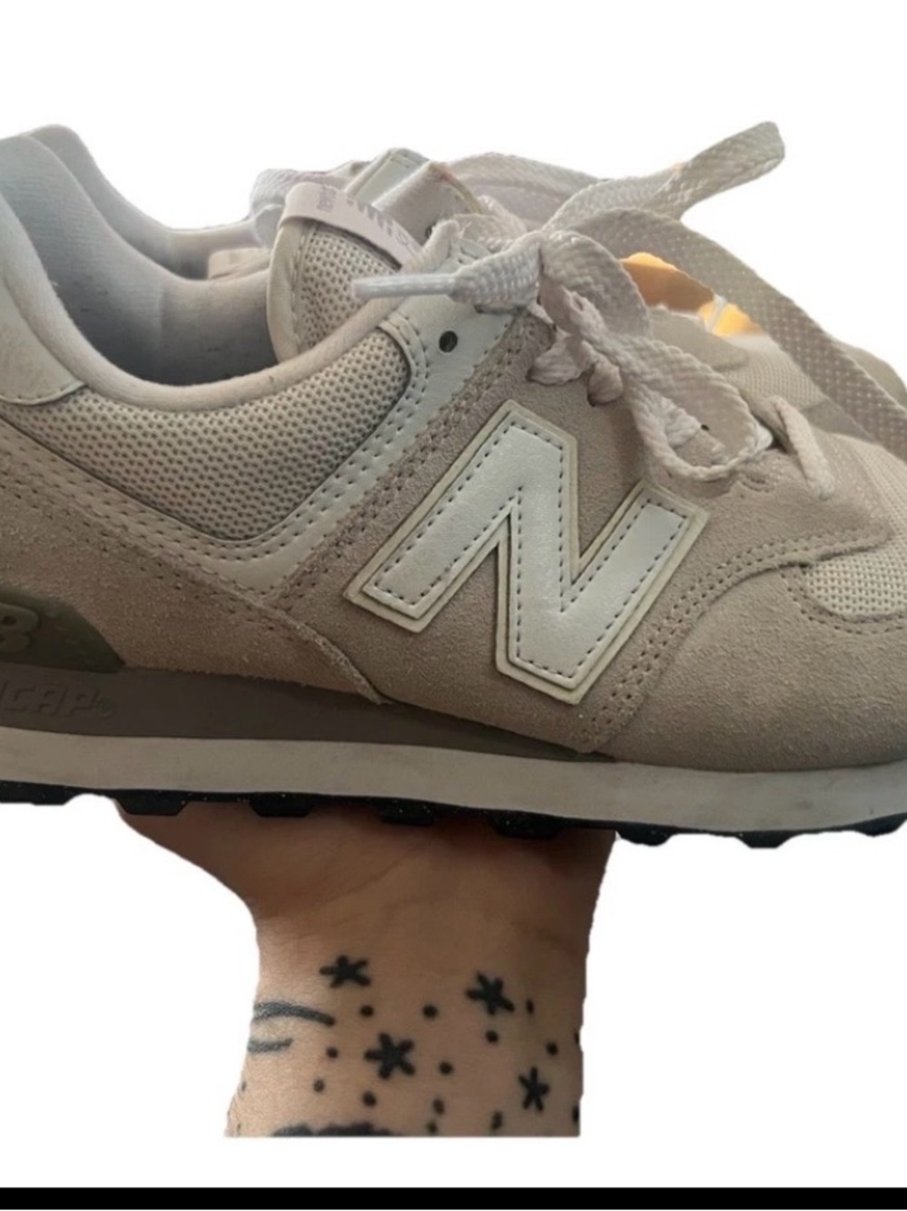 New Balance 574 Beige and White Suede Running Sneaker